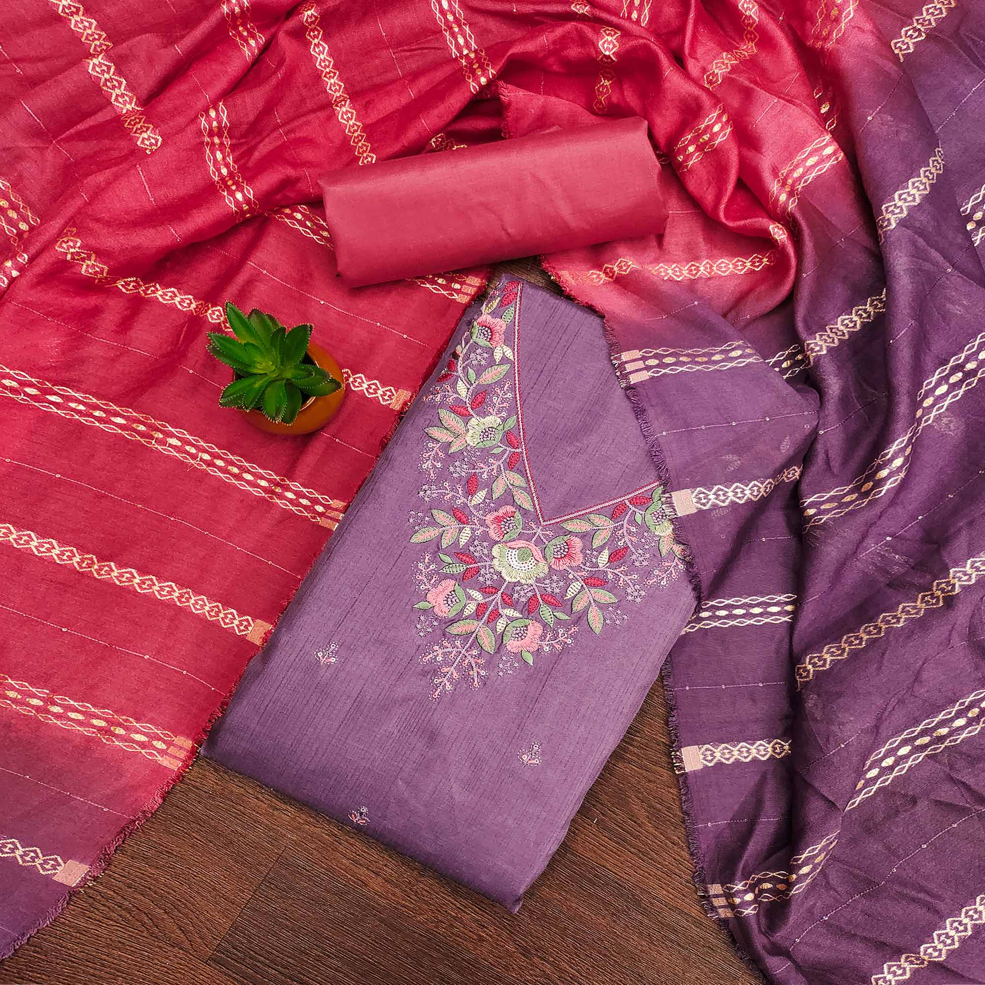 Lavender Floral Sequins Embroidered Cotton Silk Dress Material