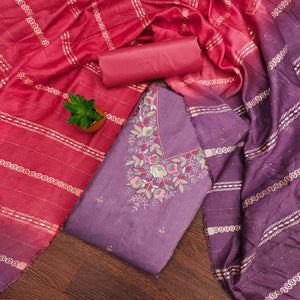 Lavender Floral Sequins Embroidered Cotton Silk Dress Material