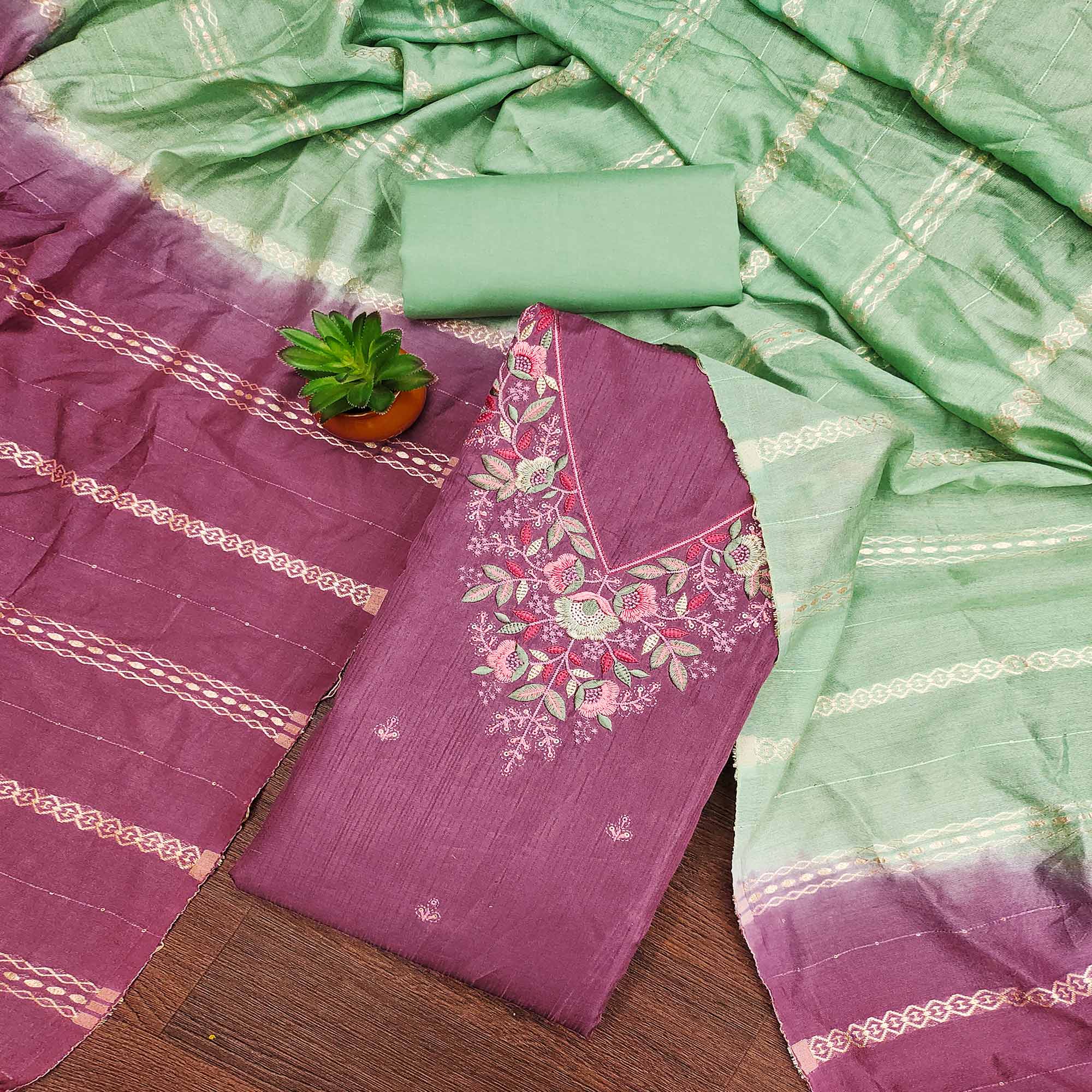 Purple Floral Sequins Embroidered Cotton Silk Dress Material