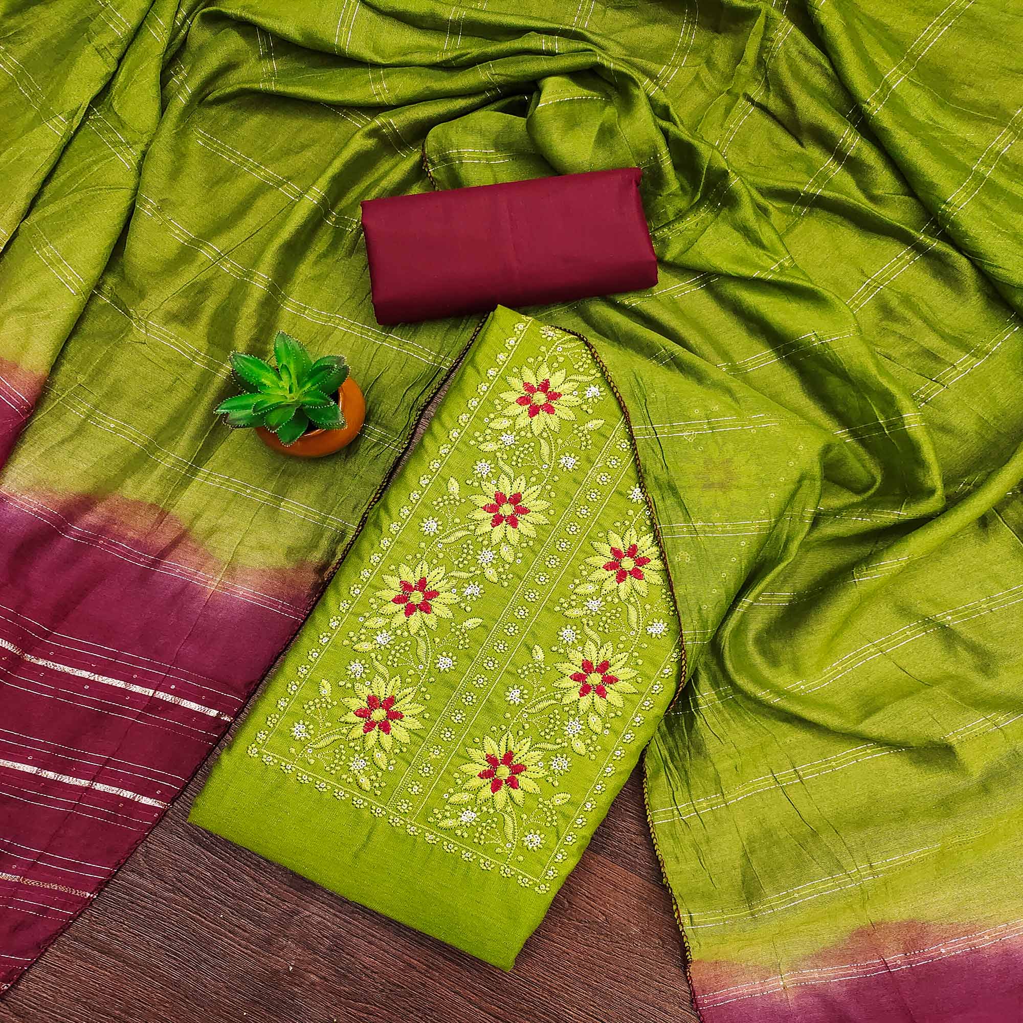 Green Floral Sequins Embroidered Slub Cotton Dress Material