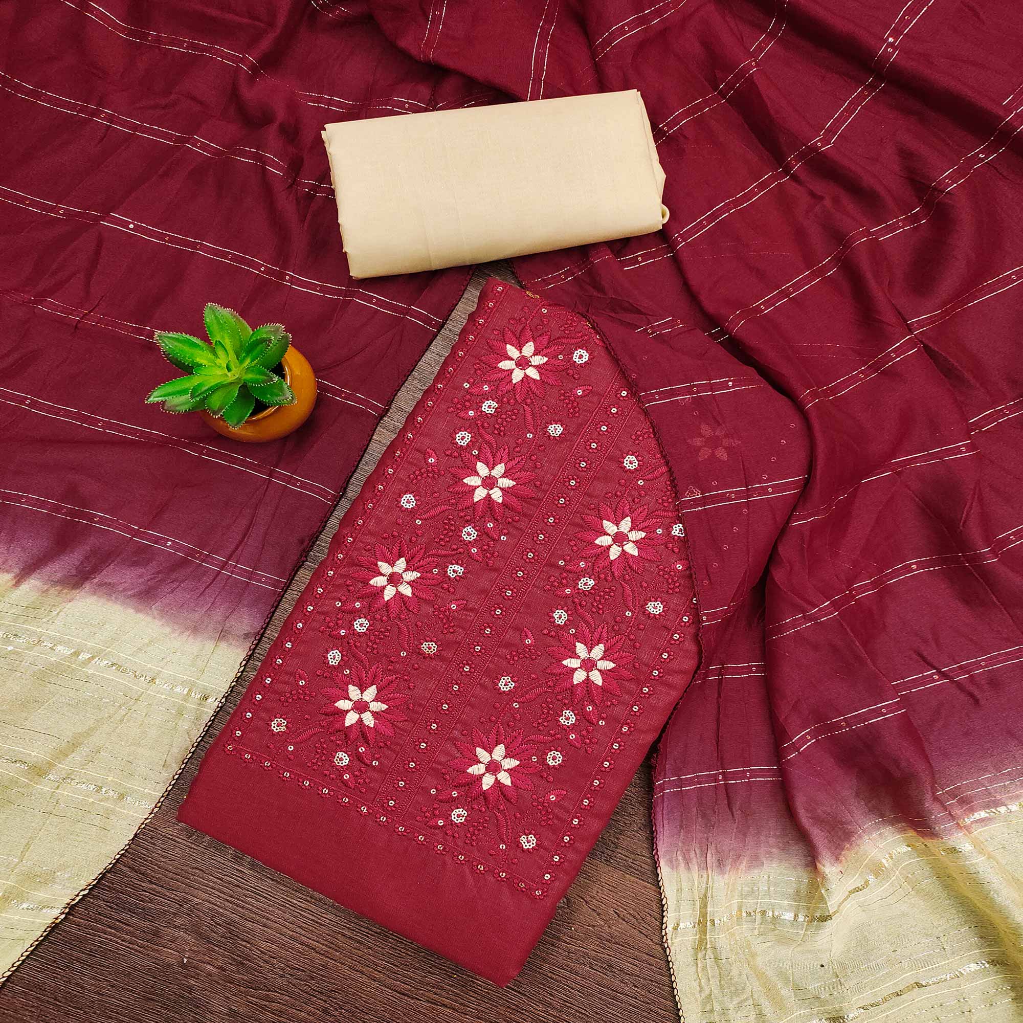 Maroon Floral Sequins Embroidered Slub Cotton Dress Material