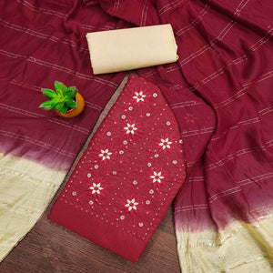 Maroon Floral Sequins Embroidered Slub Cotton Dress Material