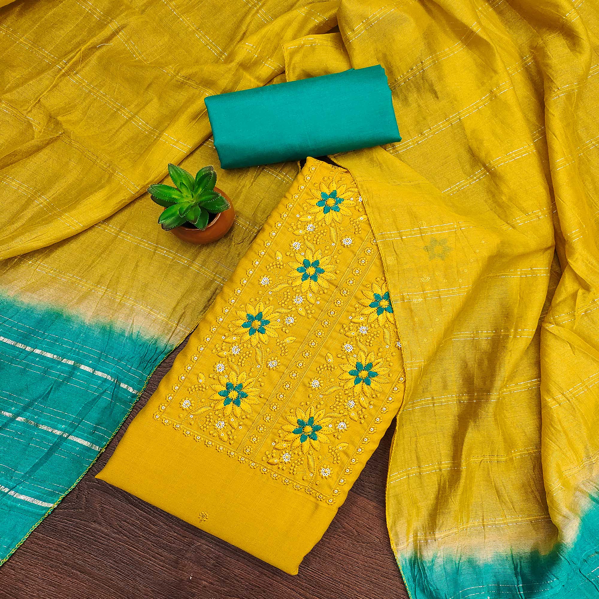 Yellow Floral Sequins Embroidered Slub Cotton Dress Material