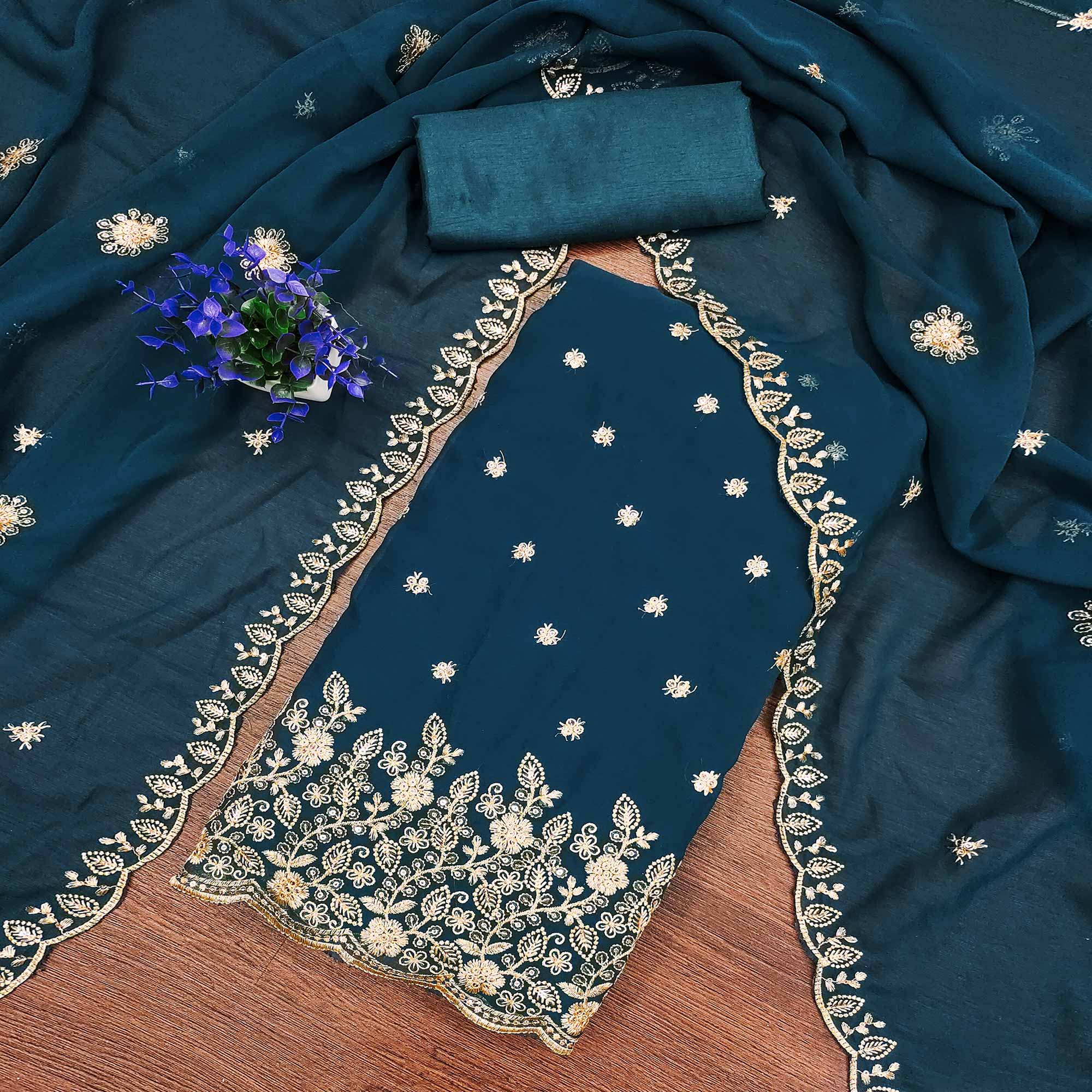 Blue Floral Sequins Embroidered Georgette Dress Material