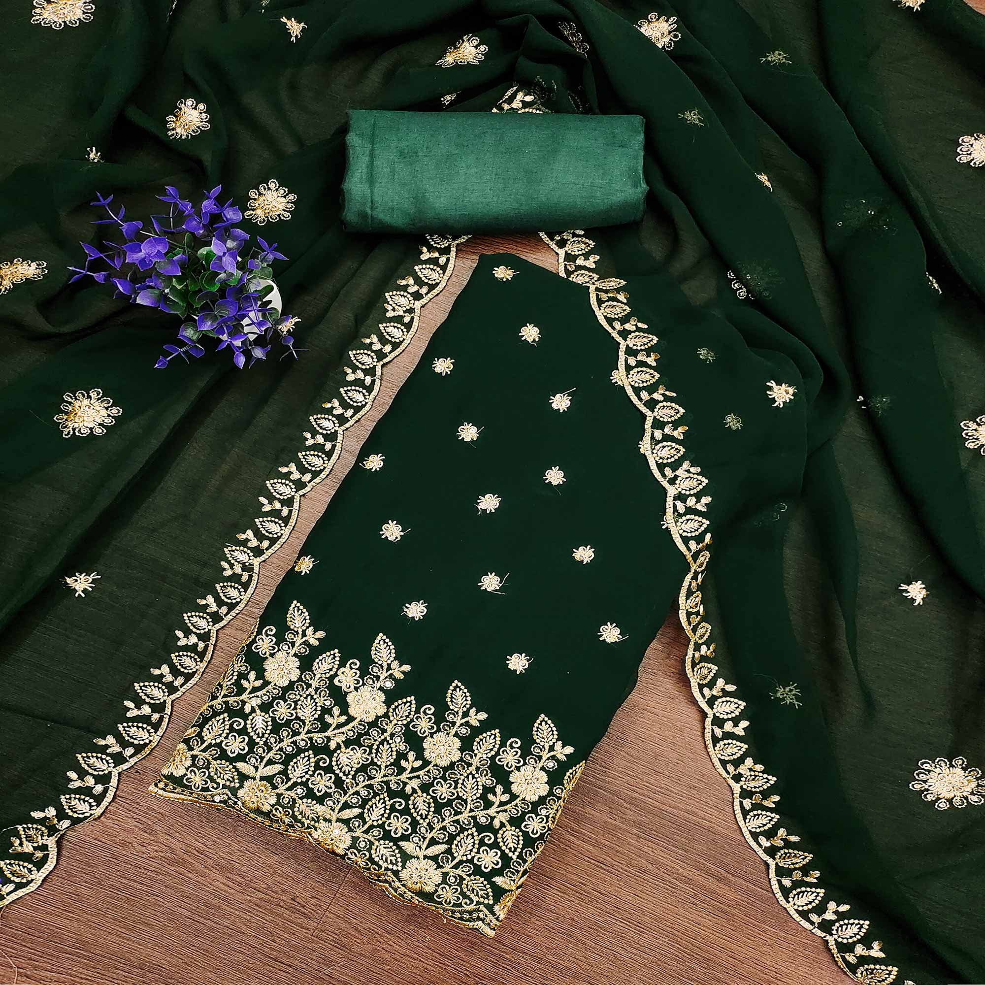 Green Floral Sequins Embroidered Georgette Dress Material
