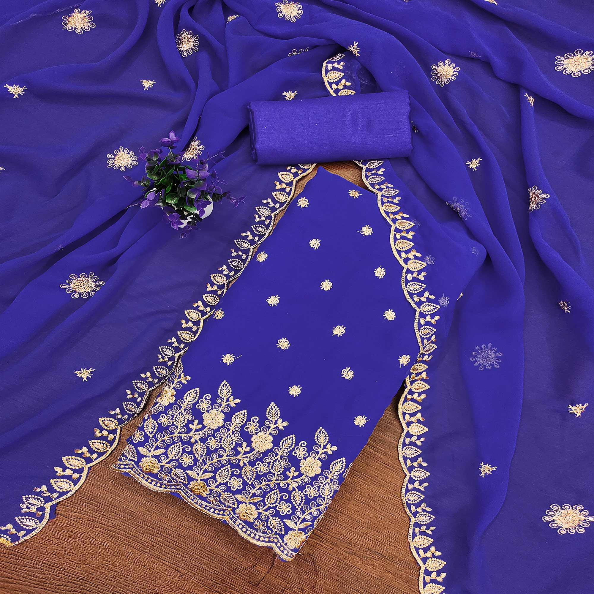 Majorelle Blue Floral Sequins Embroidered Georgette Dress Material