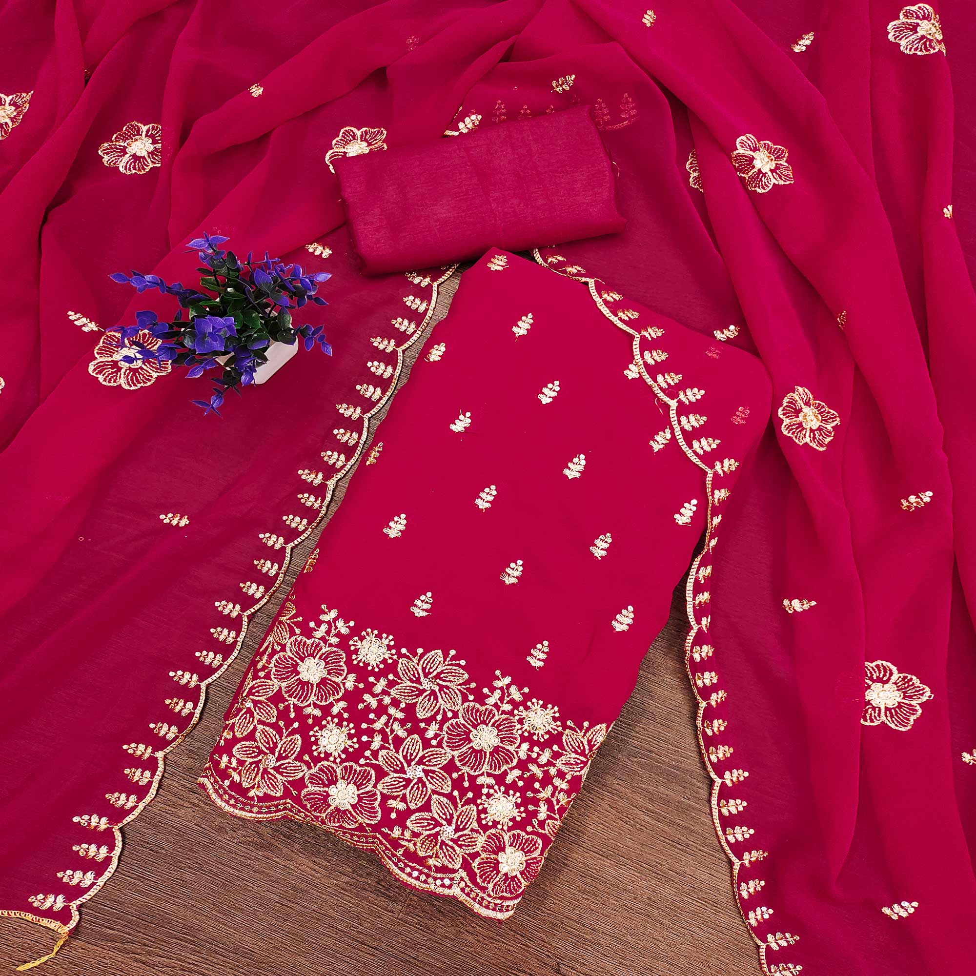 Pink Floral Sequins Embroidered Georgette Dress Material