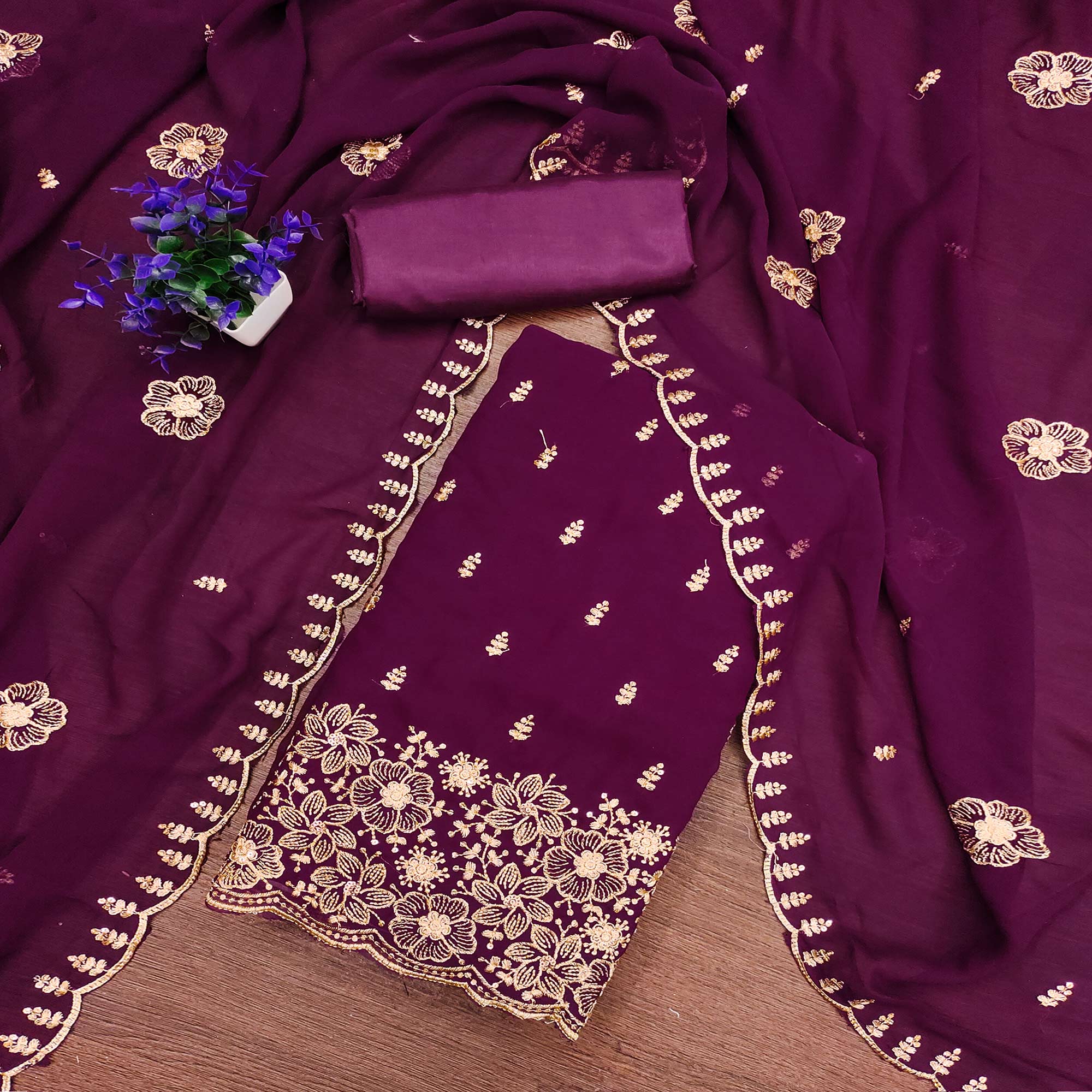 Wine Floral Sequins Embroidered Georgette Dress Material