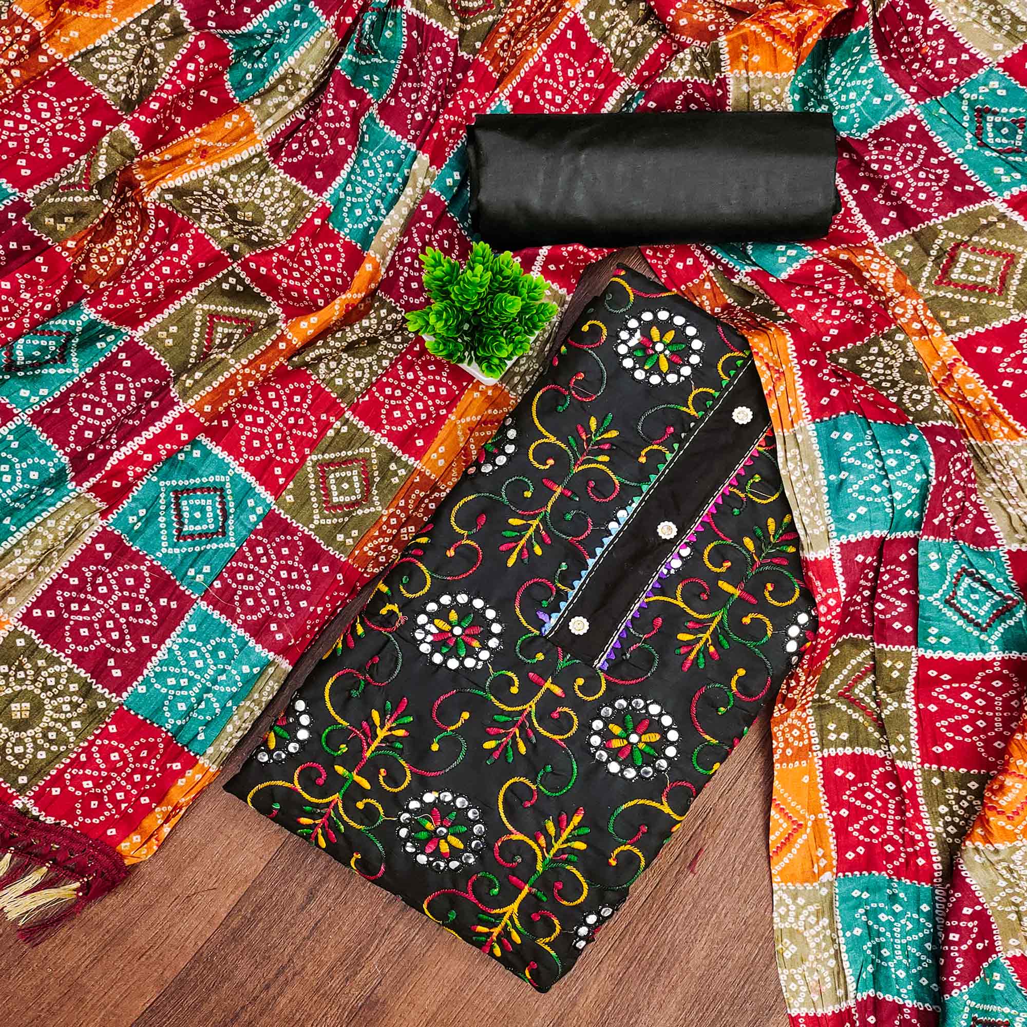 Black Floral Thread Embroidered Dress Material In Soft Cotton Blend