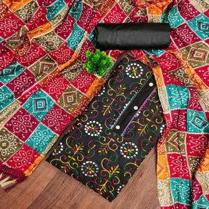 Black Floral Thread Embroidered Dress Material In Soft Cotton Blend