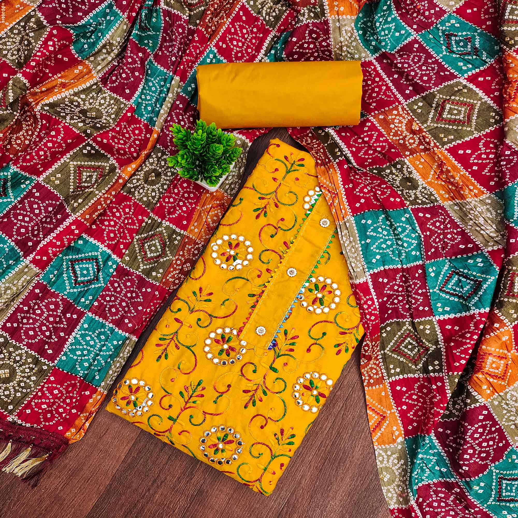 Mustard Floral Thread Embroidered Dress Material In Soft Cotton Blend