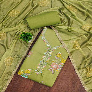 Breathable Pure Cotton Dress Material in Green with Floral Designs