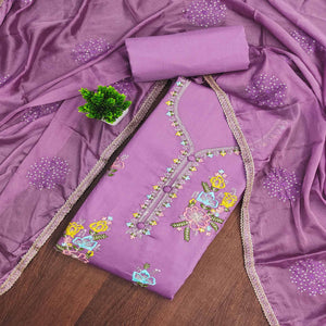 Breathable Pure Cotton Dress Material in Purple with Floral Designs