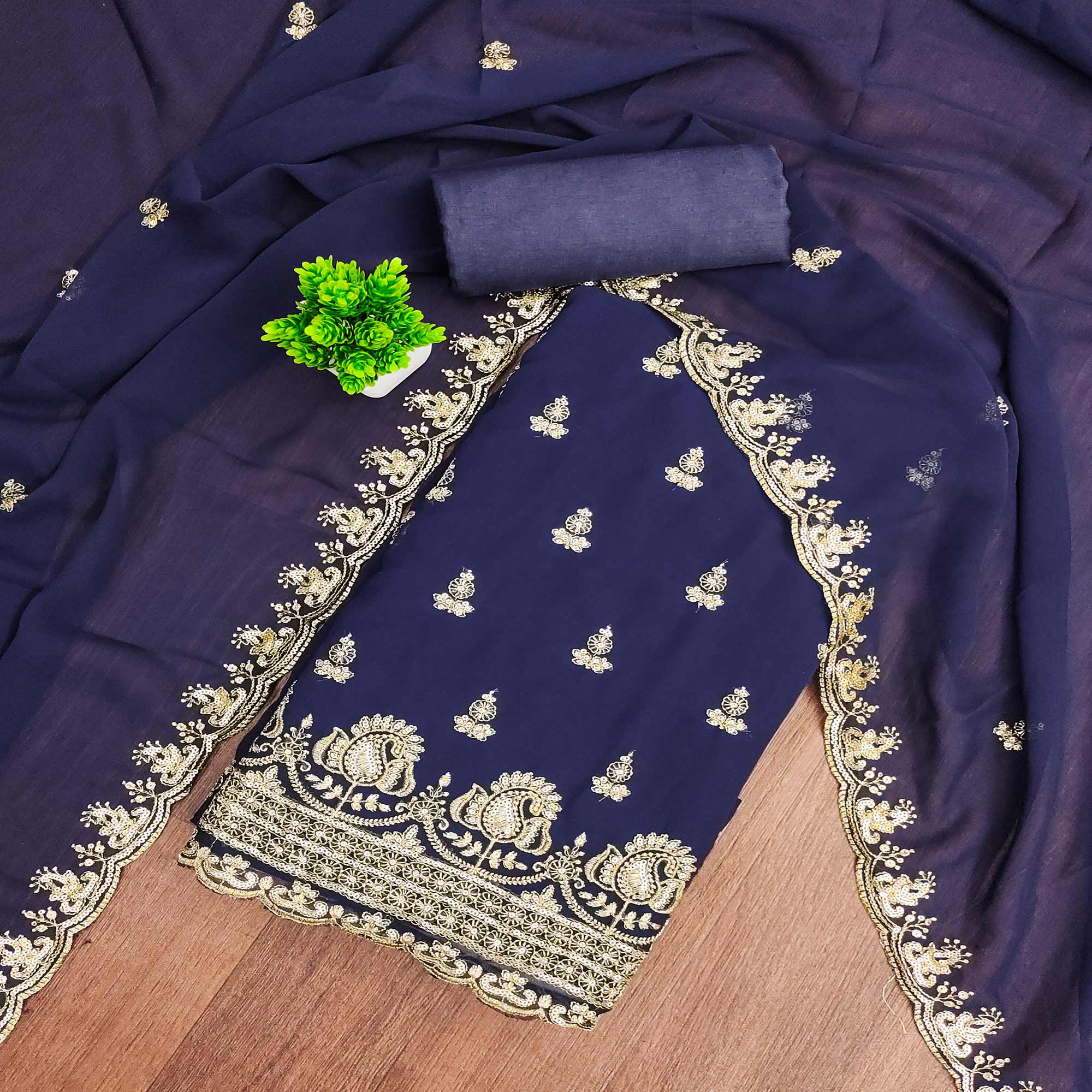 Blue Georgette Dress Material with Sparkling Sequin Embroidery