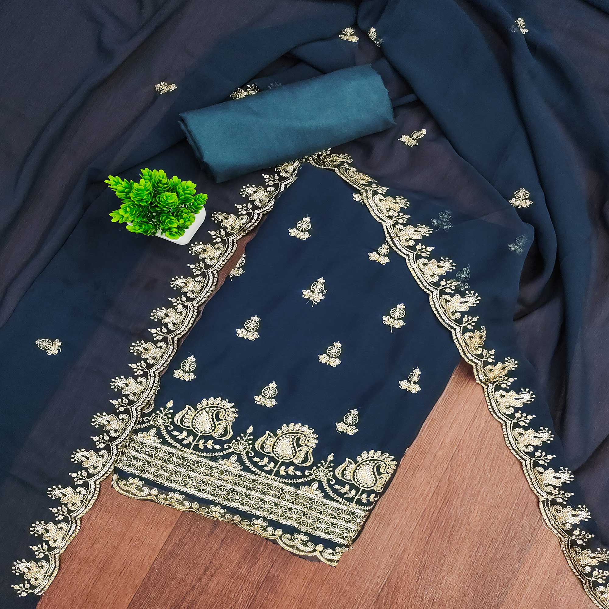 Dark Teal Georgette Dress Material with Sparkling Sequin Embroidery