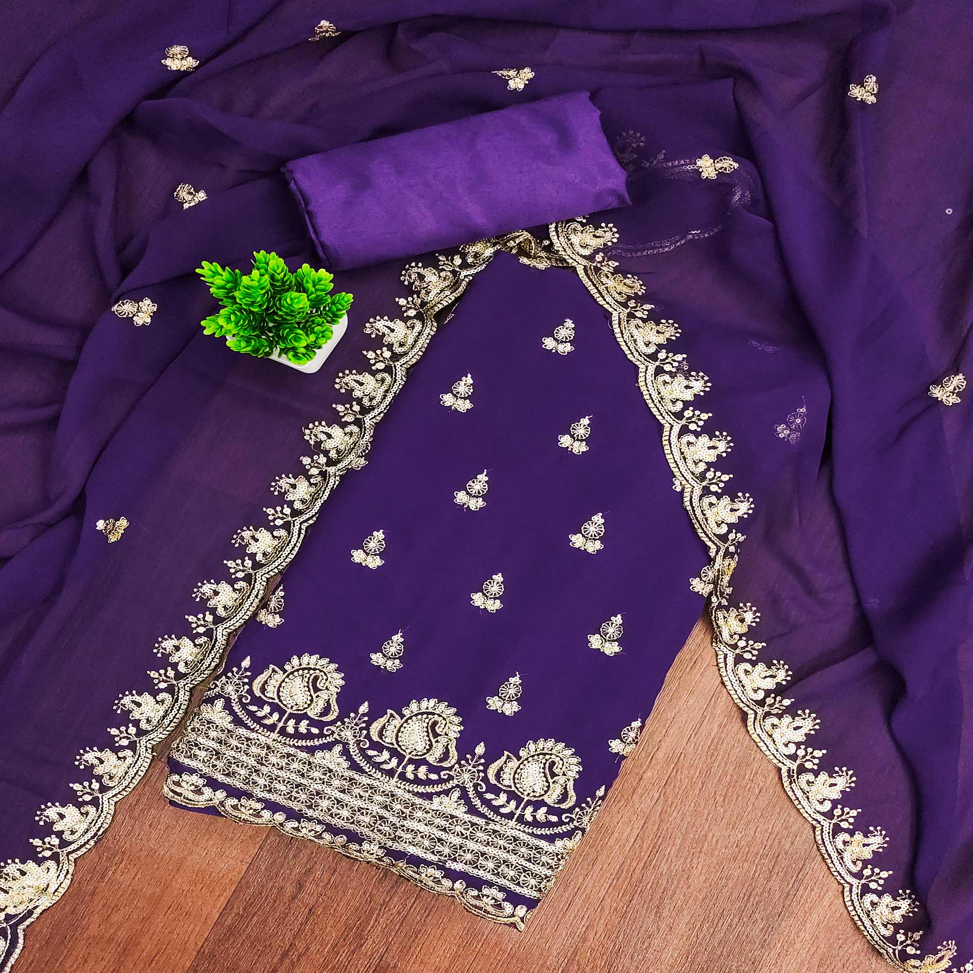 Purple Georgette Dress Material with Sparkling Sequin Embroidery