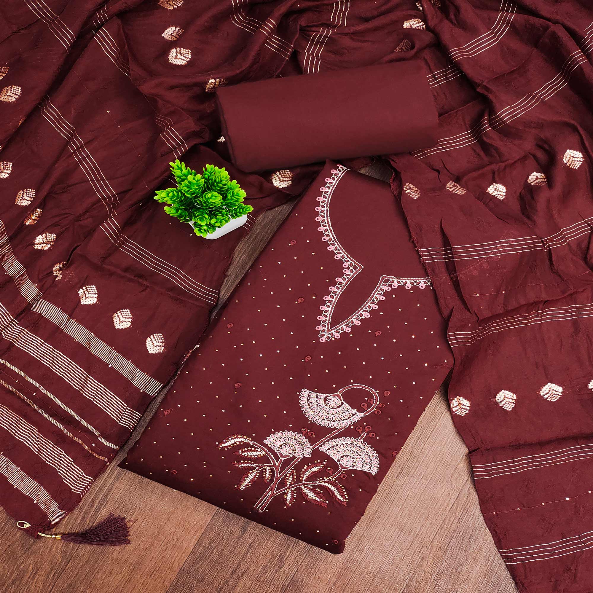 Maroon Dress Material in Cotton Blend with Delicate Embroidery Work