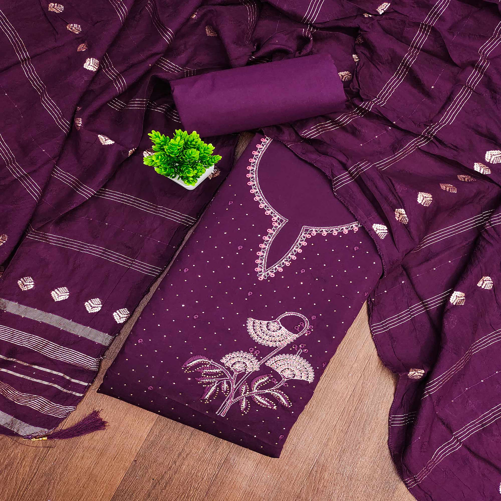 Plum Purple Dress Material in Cotton Blend with Delicate Embroidery Work