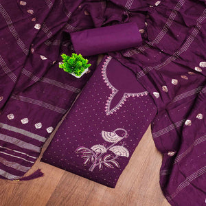 Plum Purple Dress Material in Cotton Blend with Delicate Embroidery Work