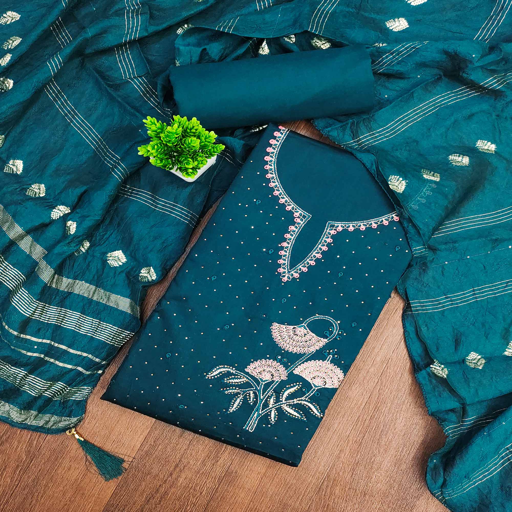 Teal Dress Material in Cotton Blend with Delicate Embroidery Work