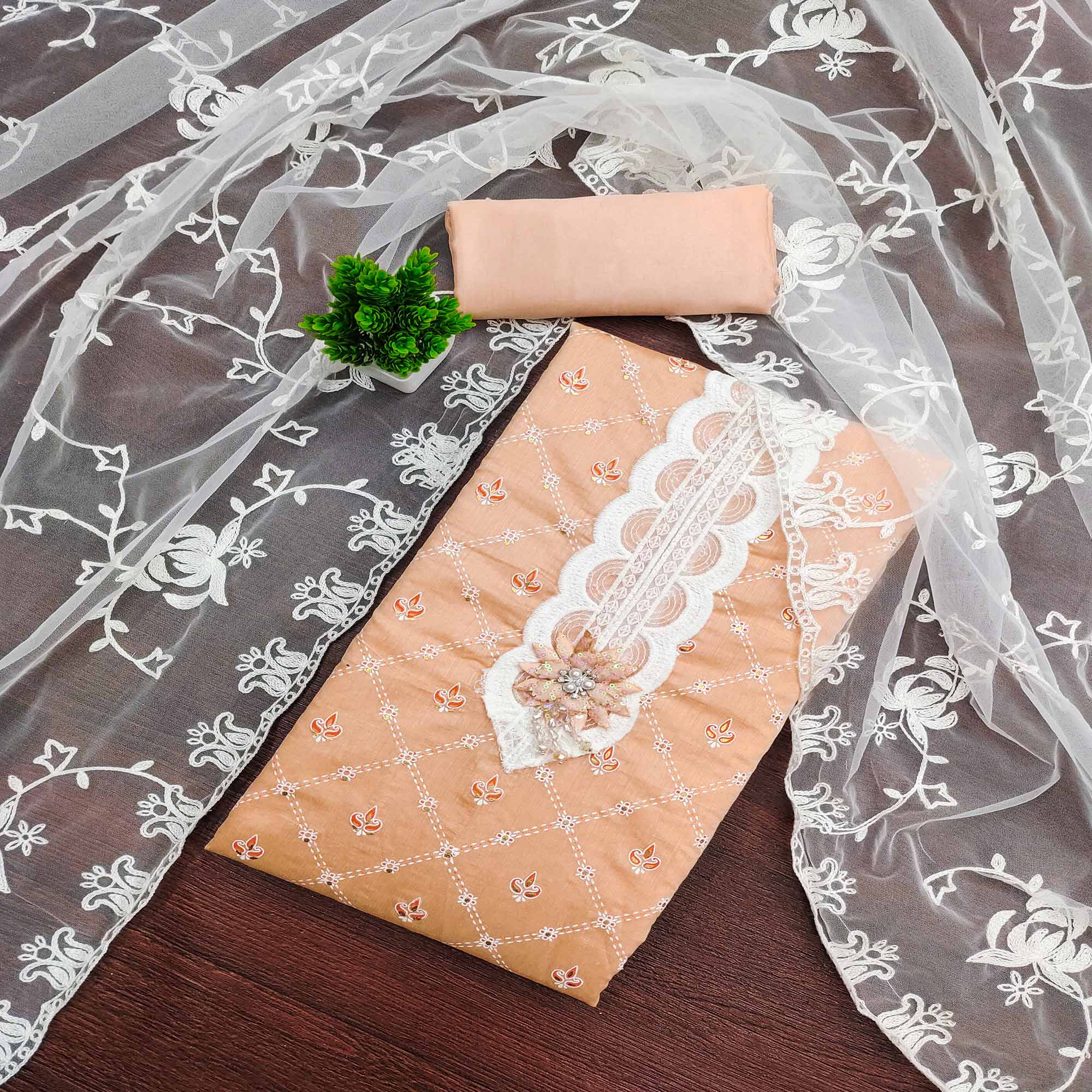 Light Orange Unstitched Dress Material Featuring Fine Floral Embroidery on Chanderi Silk