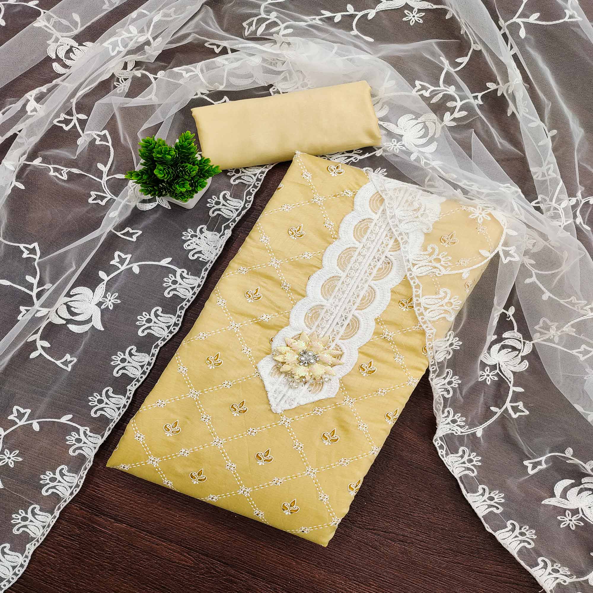 Yellow Unstitched Dress Material Featuring Fine Floral Embroidery on Chanderi Silk