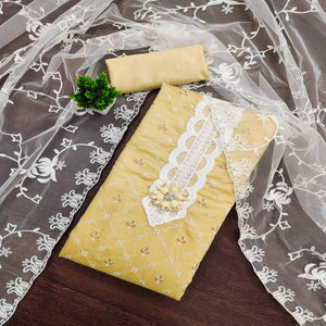 Yellow Unstitched Dress Material Featuring Fine Floral Embroidery on Chanderi Silk