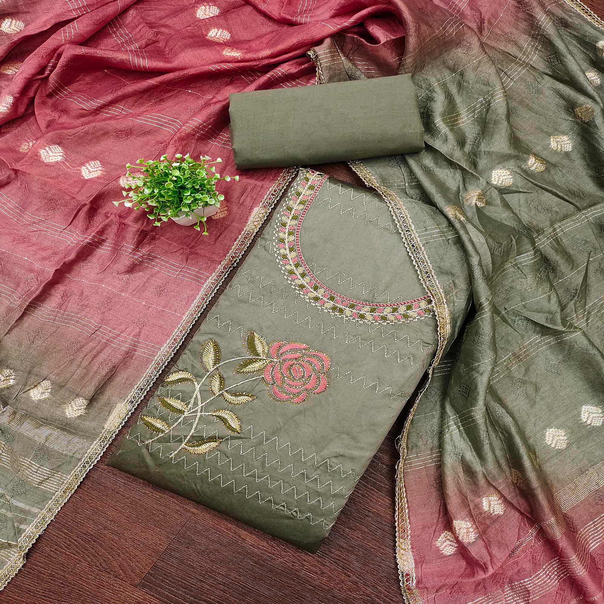 Dark Sage Green Suit Material in Cotton Blend with Beautifully Embroidered Floral Patterns