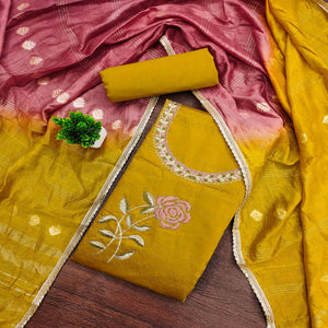 Mustard Suit Material in Cotton Blend with Beautifully Embroidered Floral Patterns