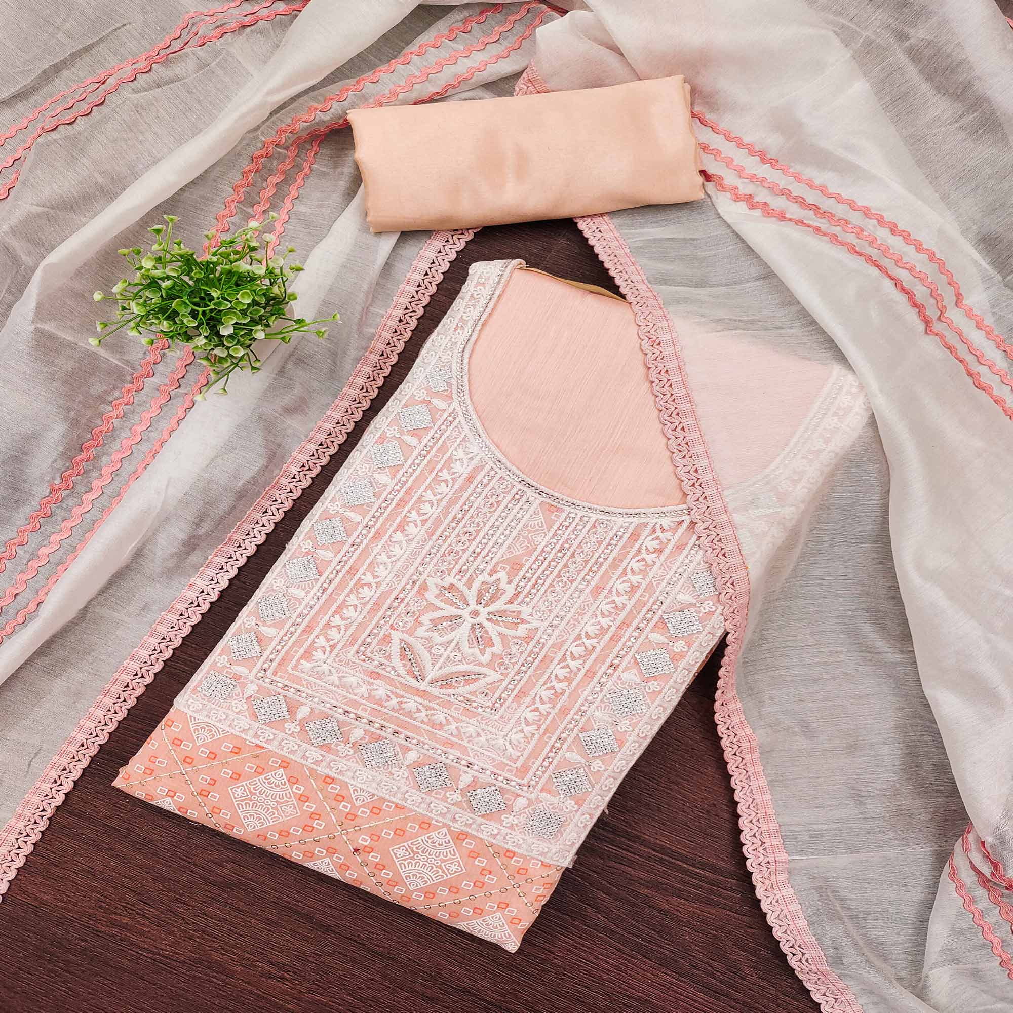 Light Orange Chanderi Silk Suit Fabric with Embroidered Highlights and Artistic Geometric Prints