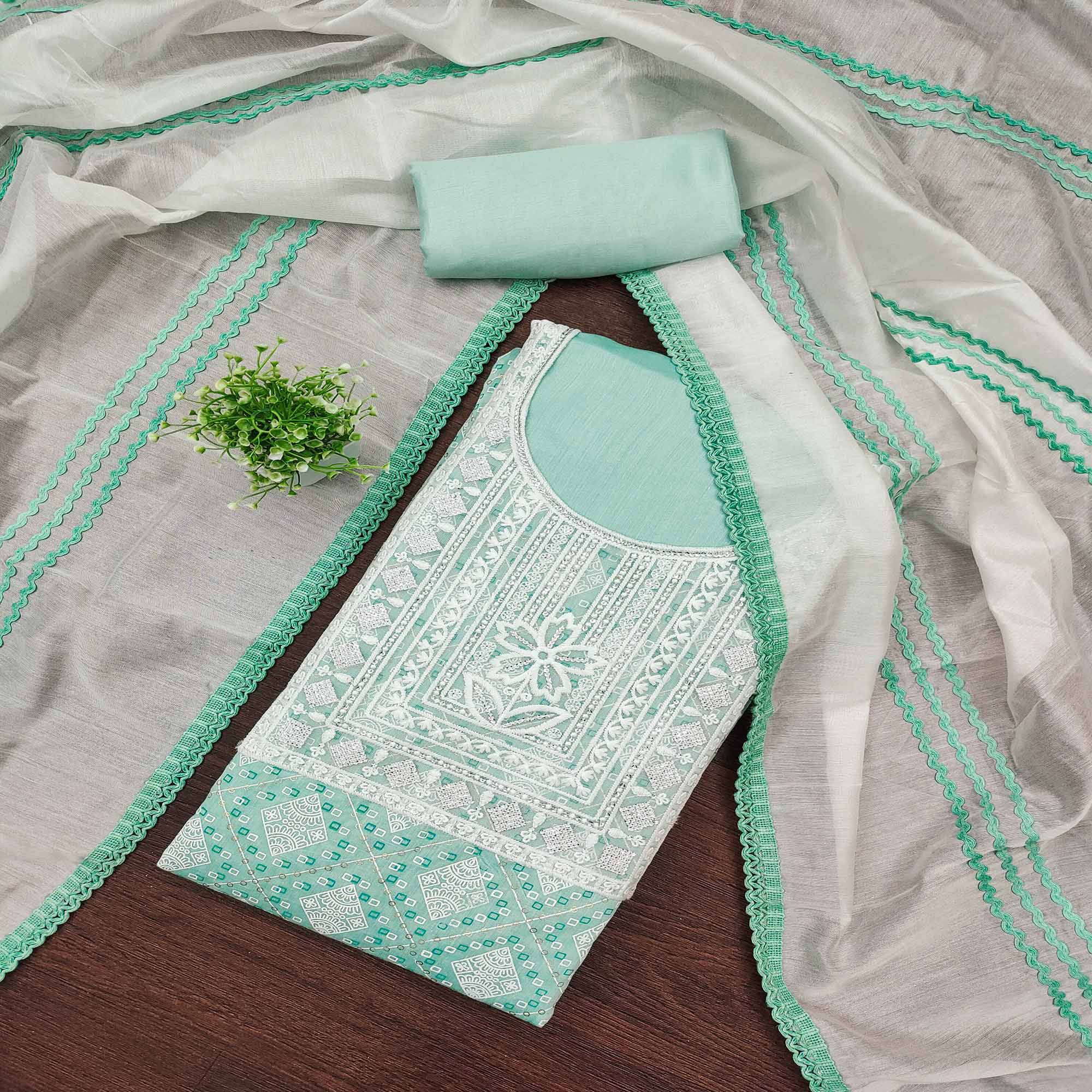 Sea Green Chanderi Silk Suit Fabric with Embroidered Highlights and Artistic Geometric Prints