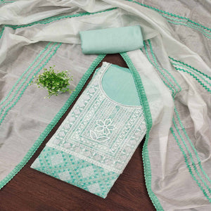 Sea Green Chanderi Silk Suit Fabric with Embroidered Highlights and Artistic Geometric Prints