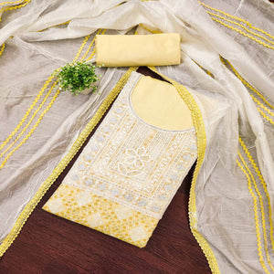 Yellow Chanderi Silk Suit Fabric with Embroidered Highlights and Artistic Geometric Prints