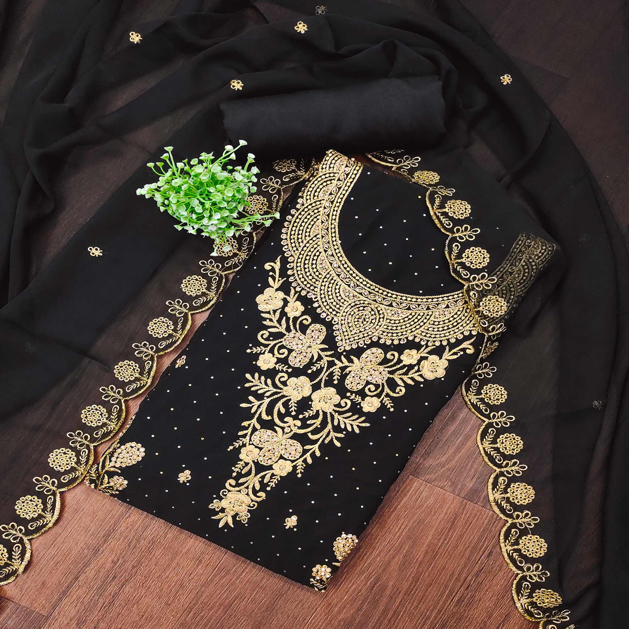 Black Georgette Dress Material With Intricate Thread And Stone Work Embroidery