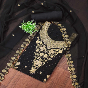 Black Georgette Dress Material With Intricate Thread And Stone Work Embroidery