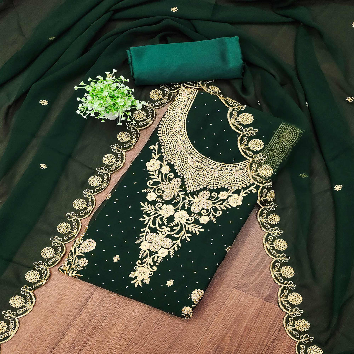 Green Georgette Dress Material With Intricate Thread And Stone Work Em