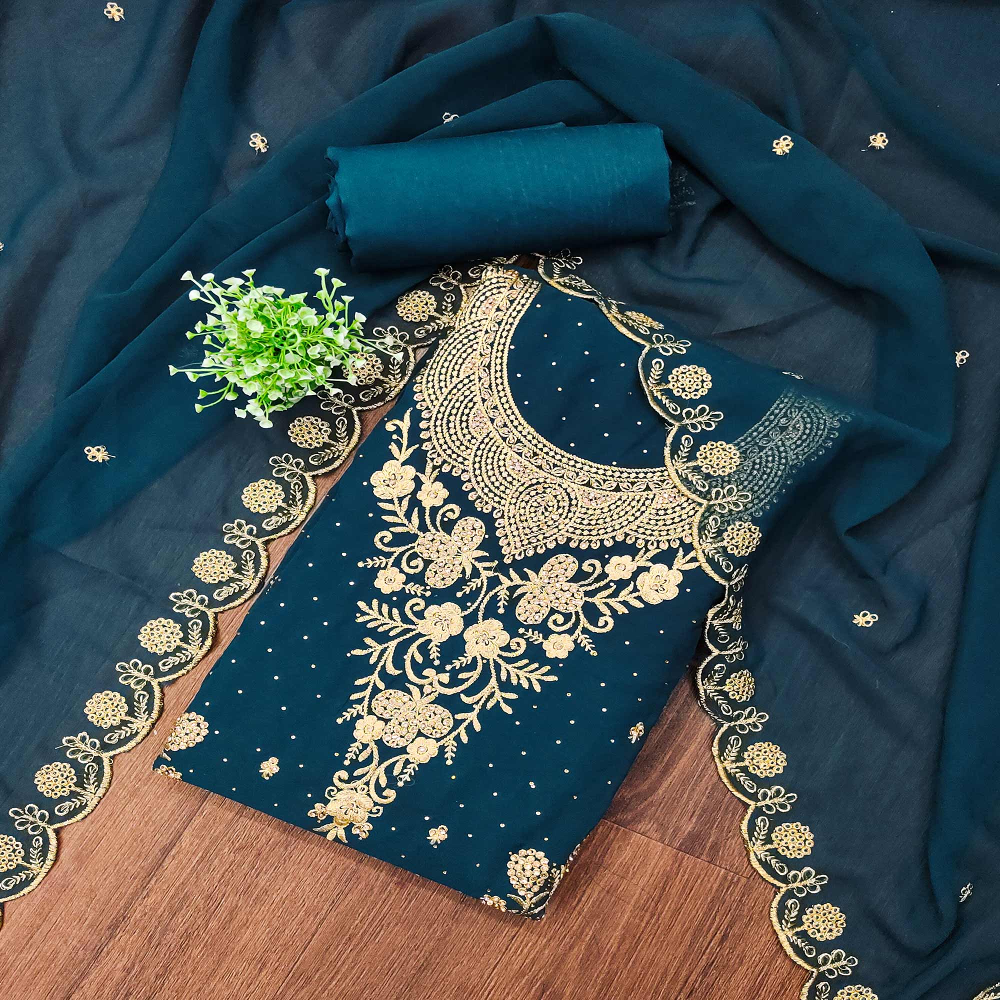 Teal Georgette Dress Material With Intricate Thread And Stone Work Emb Teal Georgette Dress Material With Intricate Thread And Stone Work Emb