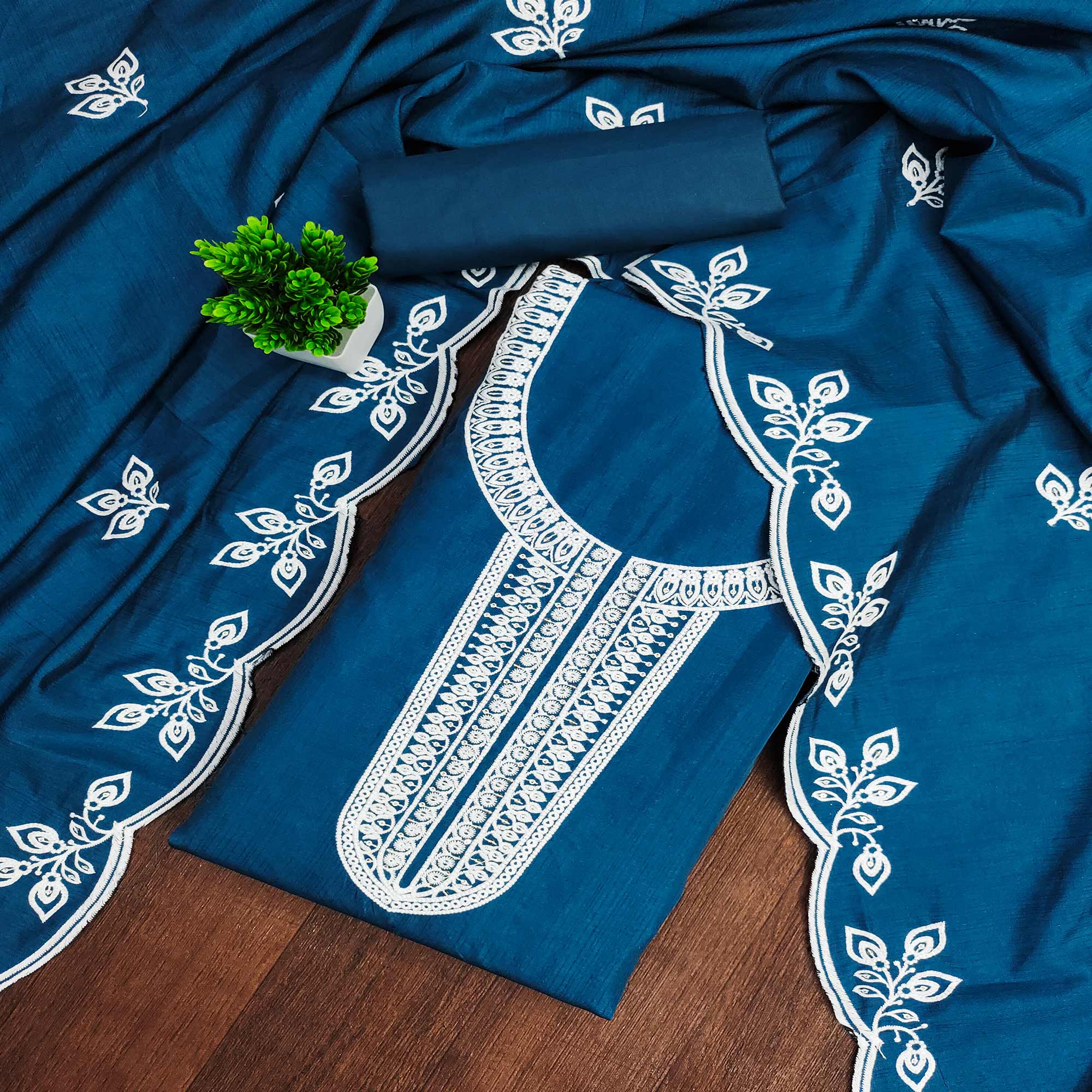 Blue Intricate Floral Embroidered Cotton Blend Dress Material
