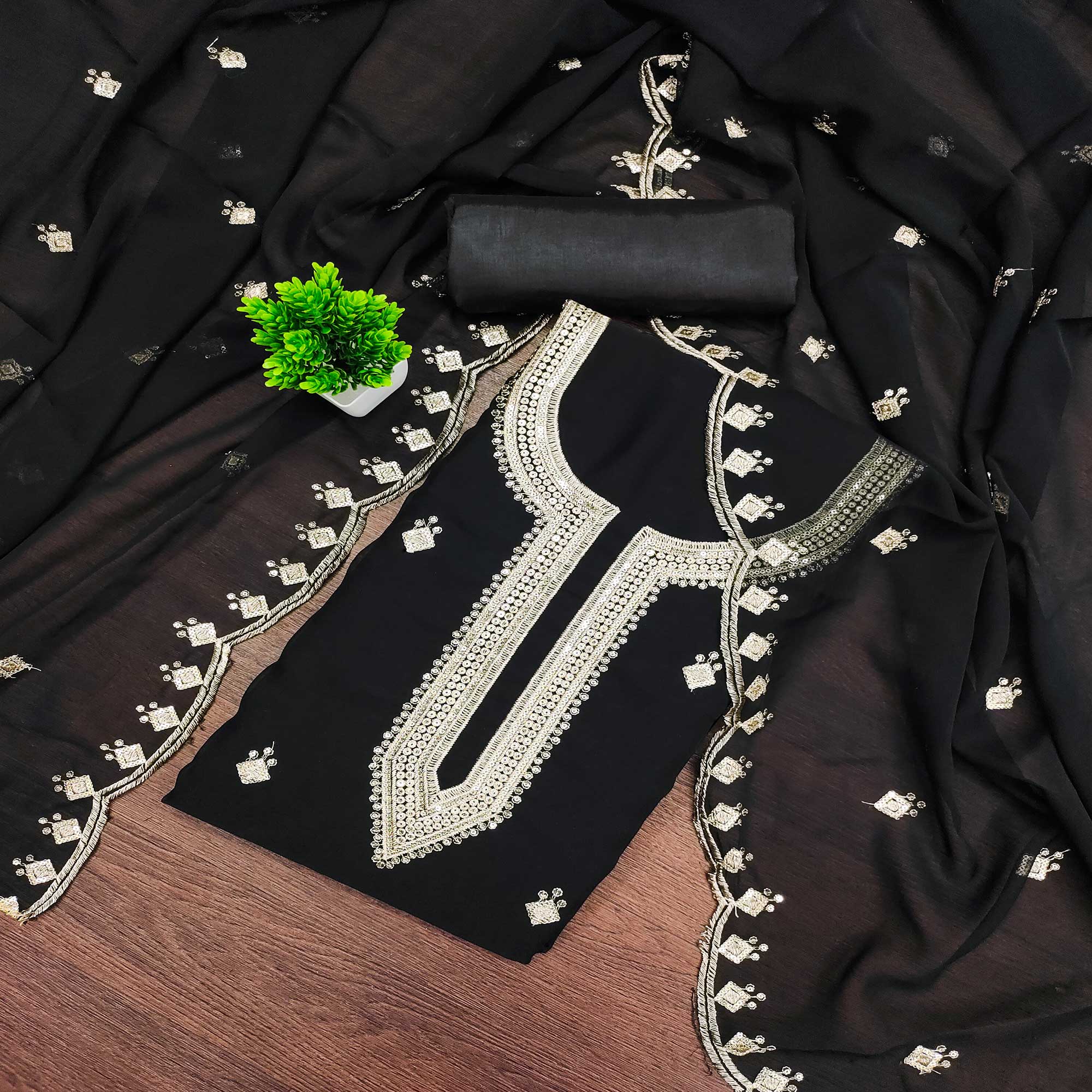 Rich Black Georgette Dress Material With Dazzling Sequins Embroidery