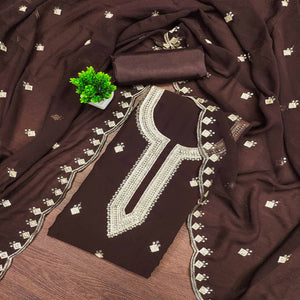 Rich Dark Brown Georgette Dress Material With Dazzling Sequins Embroidery