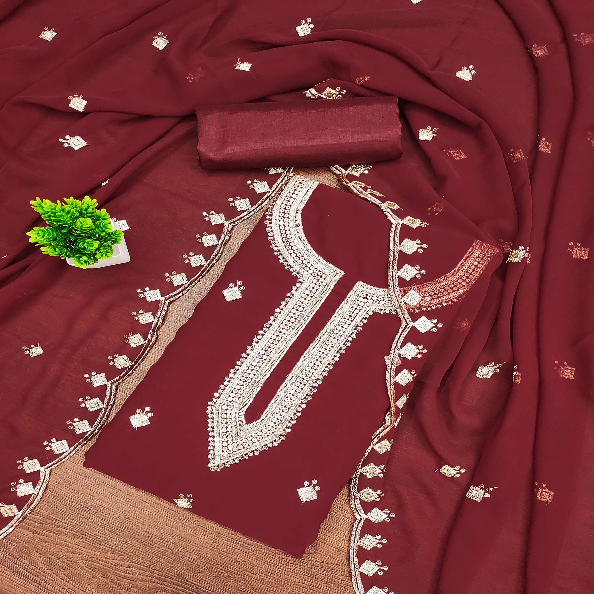 Rich Maroon Georgette Dress Material With Dazzling Sequins Embroidery
