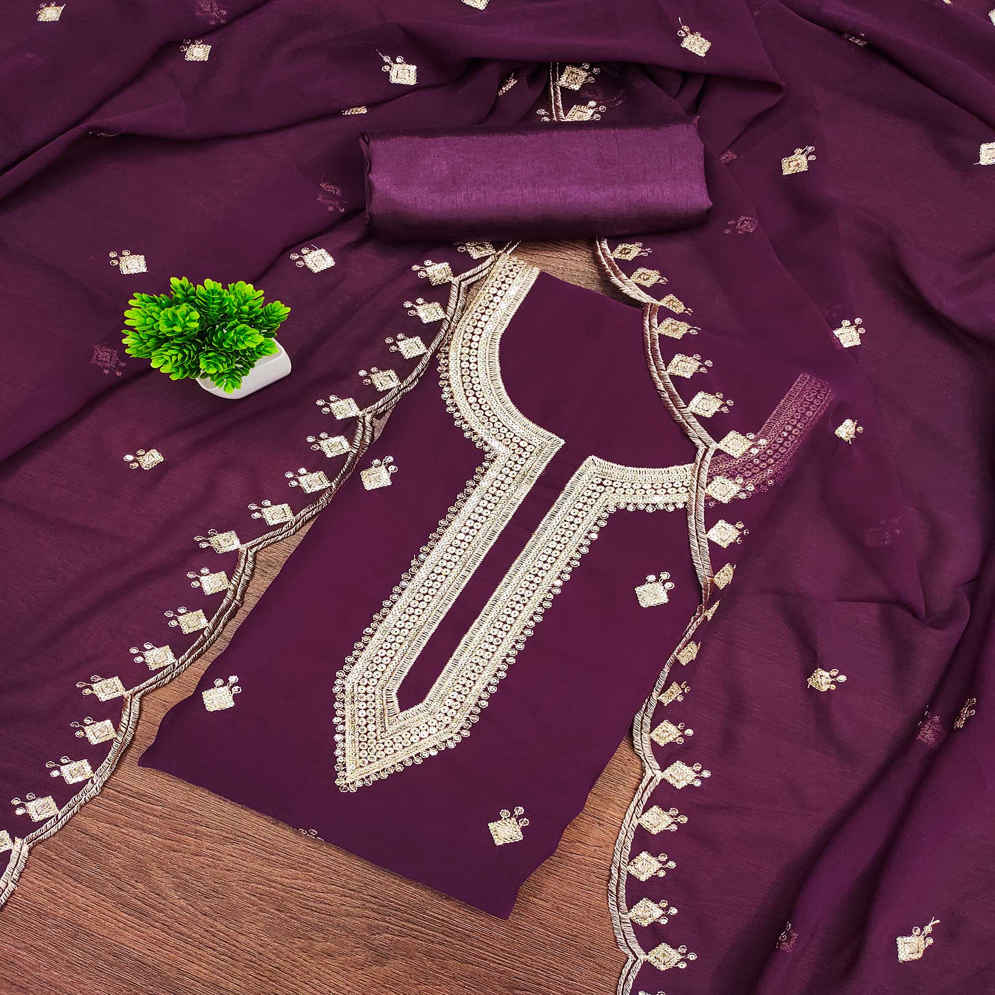 Rich Purple Georgette Dress Material With Dazzling Sequins Embroidery