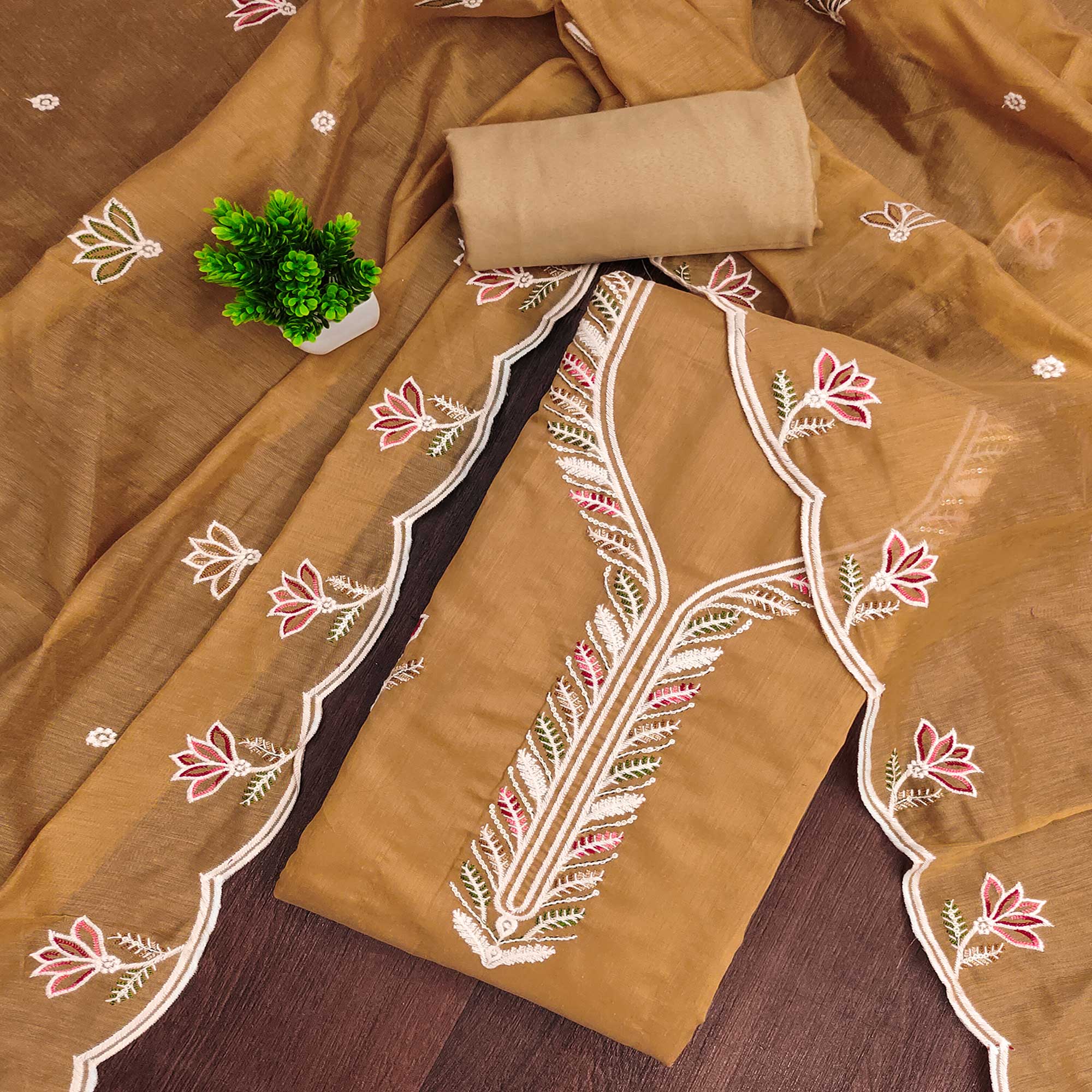 Luxurious Chikoo Chanderi Cotton Dress Material With Floral Thread Embroidery & Sequins