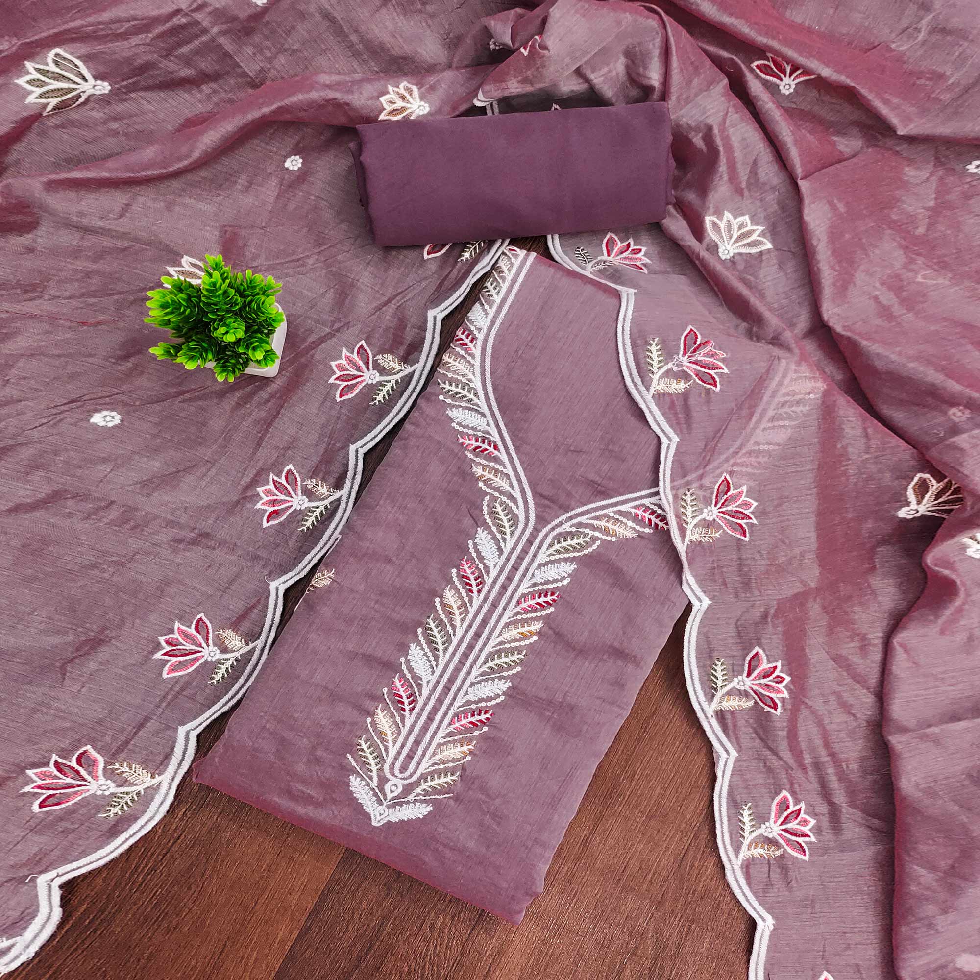 Elegant Lavender Chanderi Cotton Dress Material With Floral Thread Embroidery & Sequins