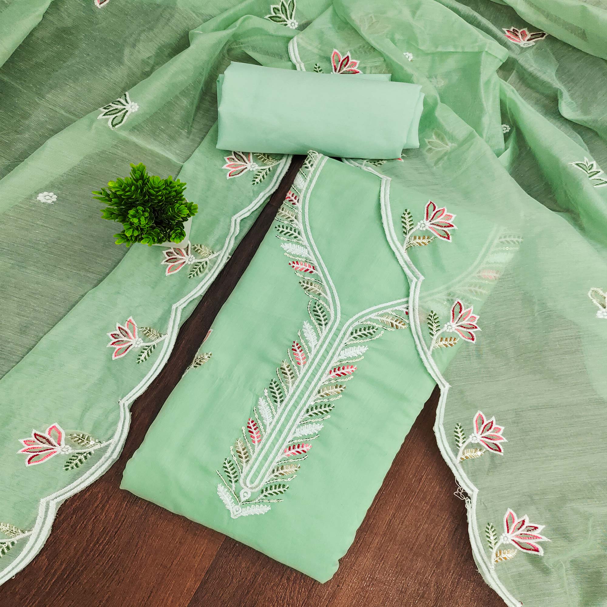 Rich Mint Green Chanderi Cotton Dress Material With Exquisite Floral Thread Embroidery & Sequins