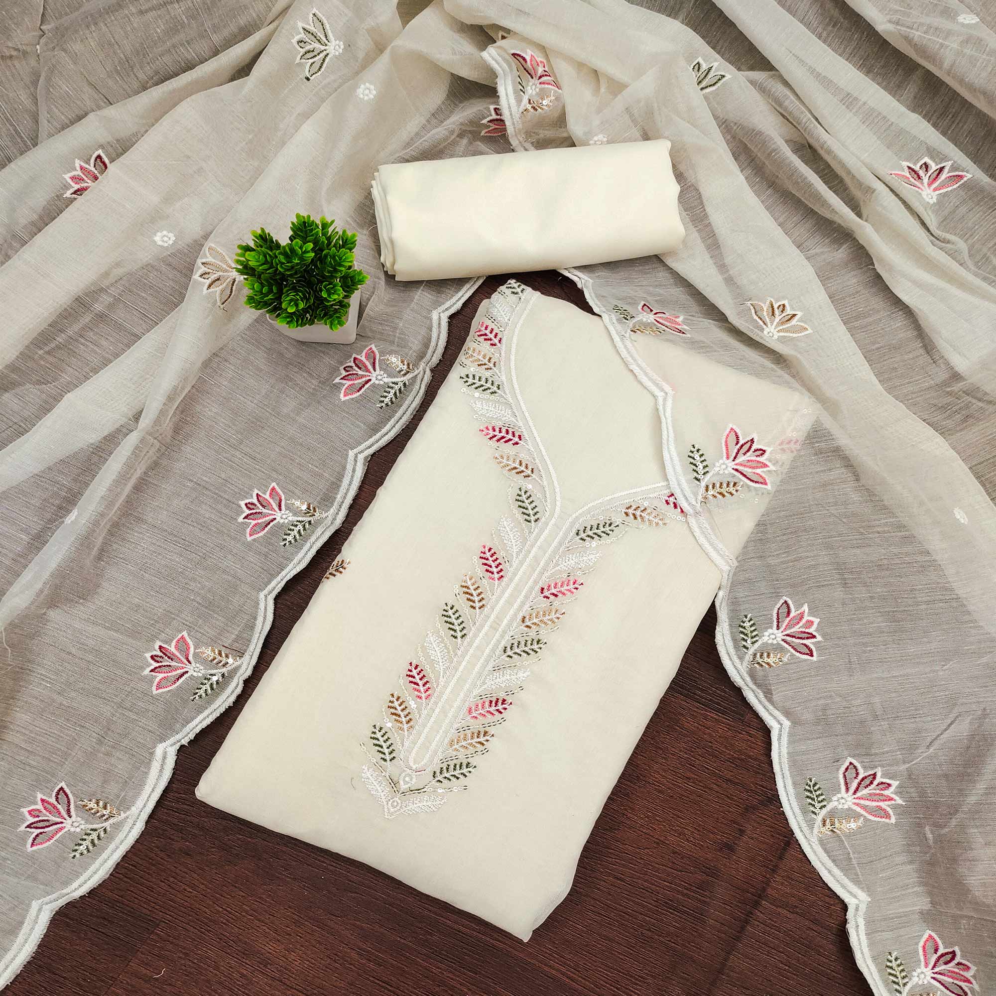 Elegant Off-White Chanderi Cotton Dress Material With Floral Thread Embroidery & Sequins Work