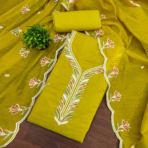 Elegant Olive Chanderi Cotton Dress Material With Floral Thread Embroidery & Sequins Work