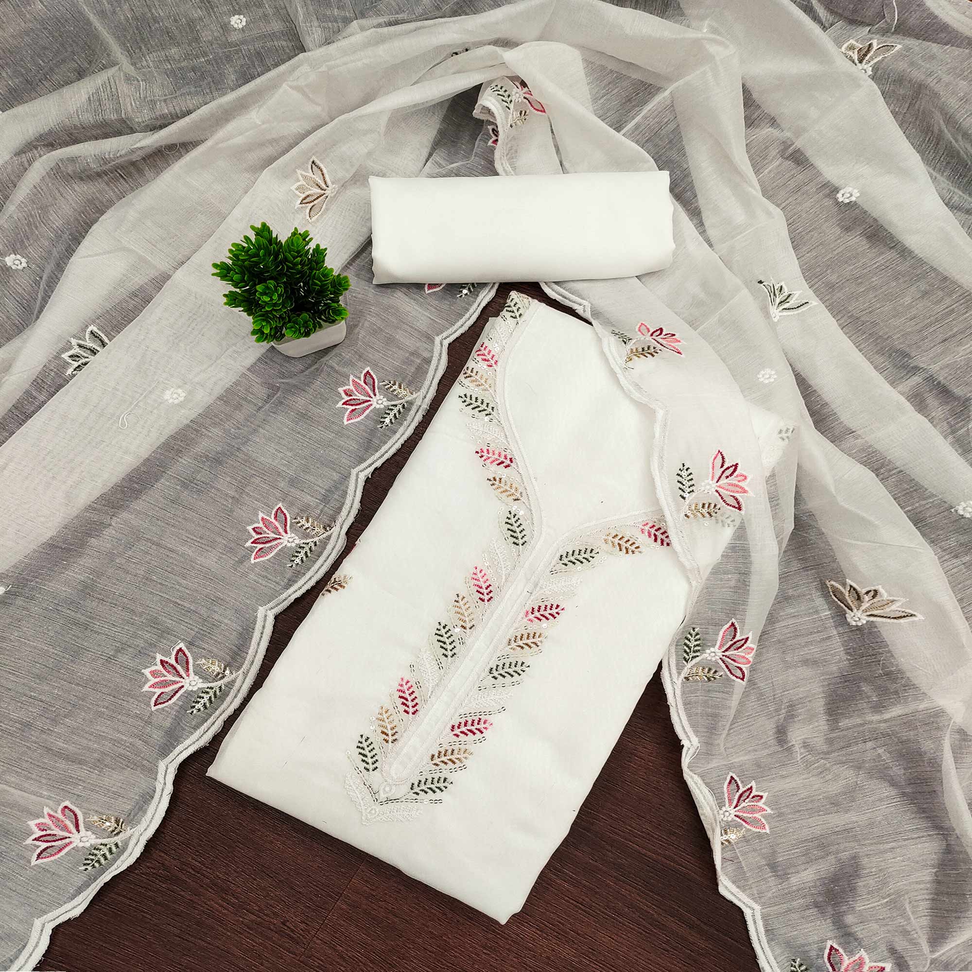 Ethereal White Chanderi Cotton Dress Material With Floral Thread Embroidery & Sequins Work