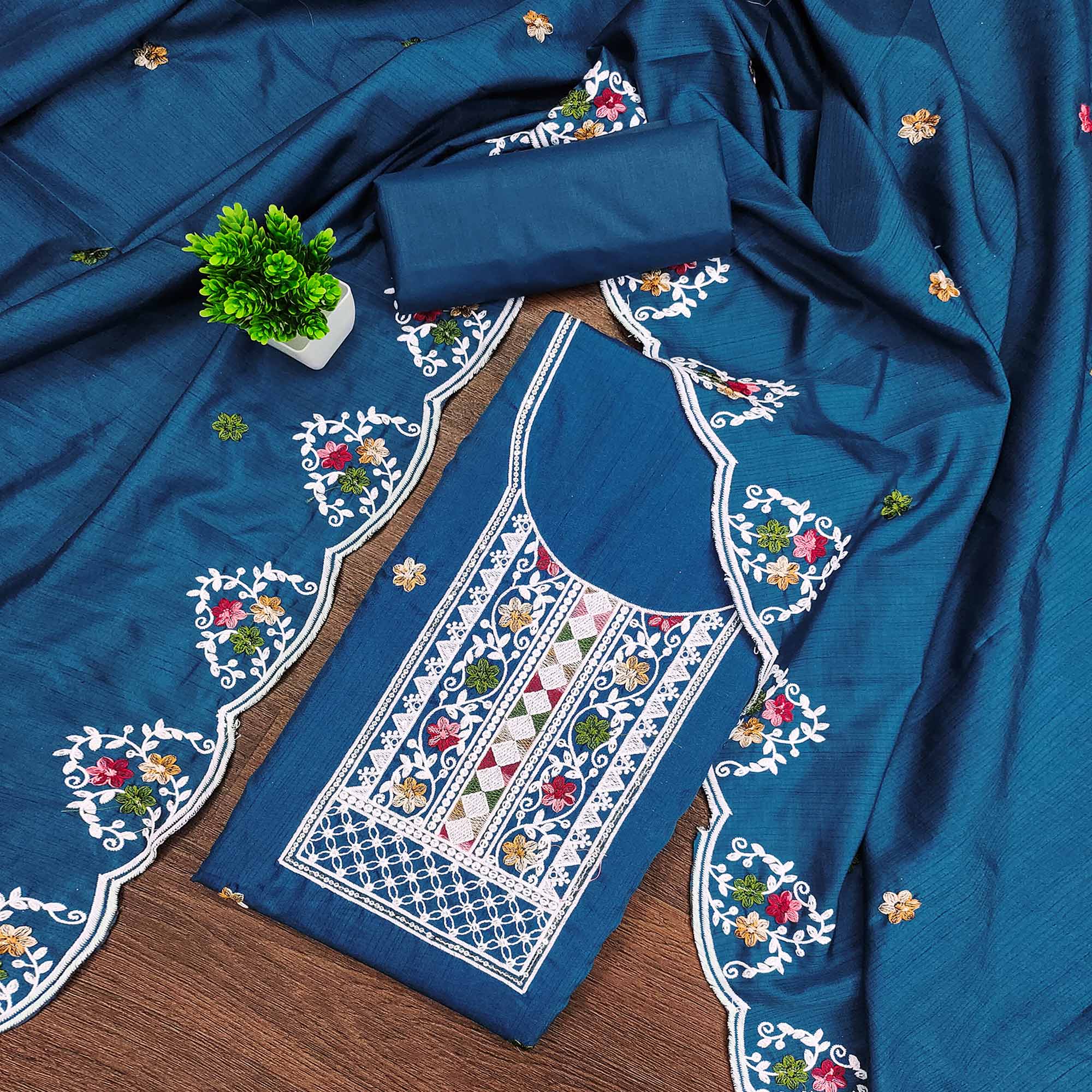 Elegant Blue Floral Sequin Embroidered Cotton Blend Dress Material