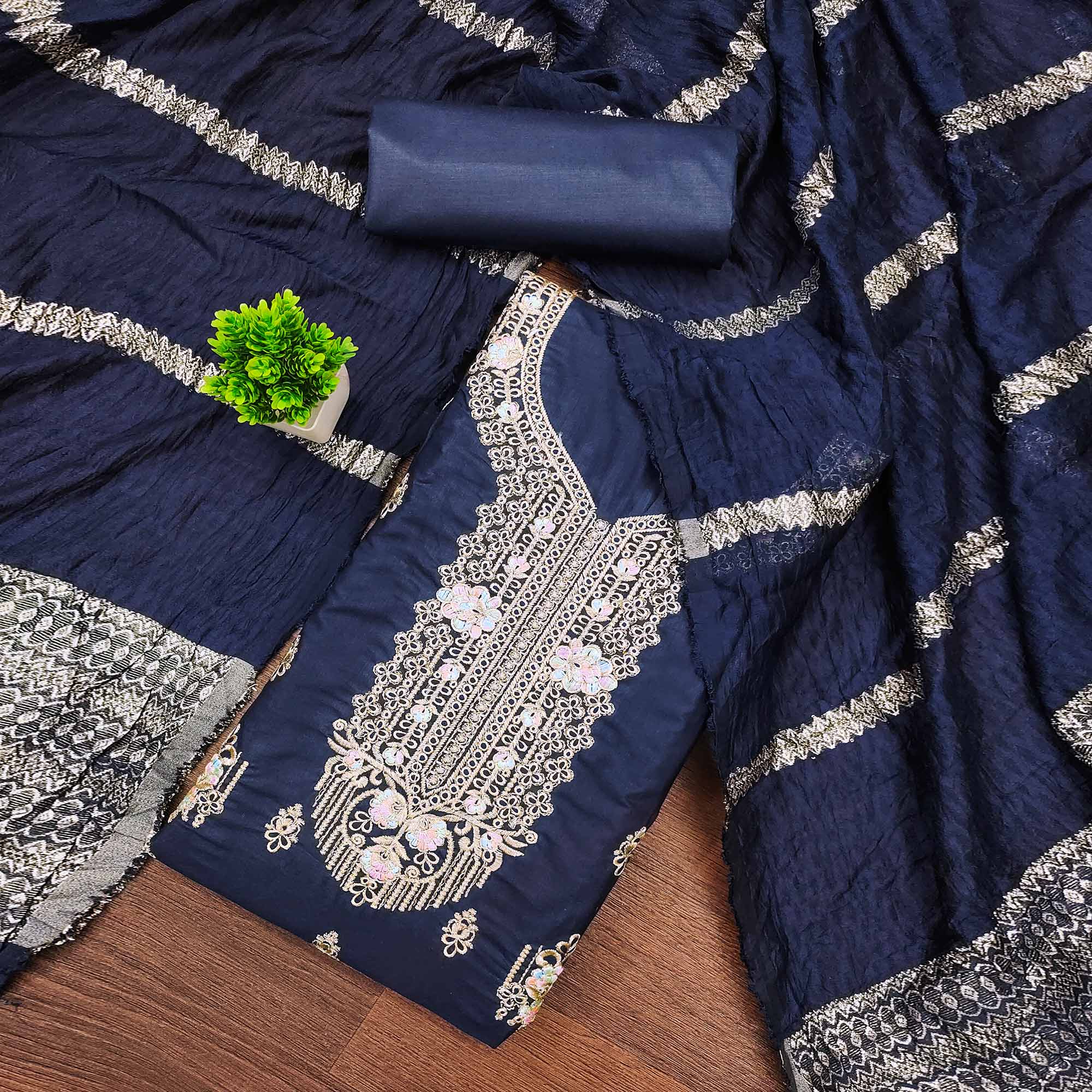 Blue Pure Cotton Dress Material with Elegant Embroidery